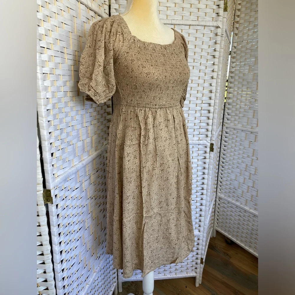 NWT Hem & Thread Taupe Floral Off Shoulder Puff Sleeve MIDI Dress size S - Picture 9 of 15